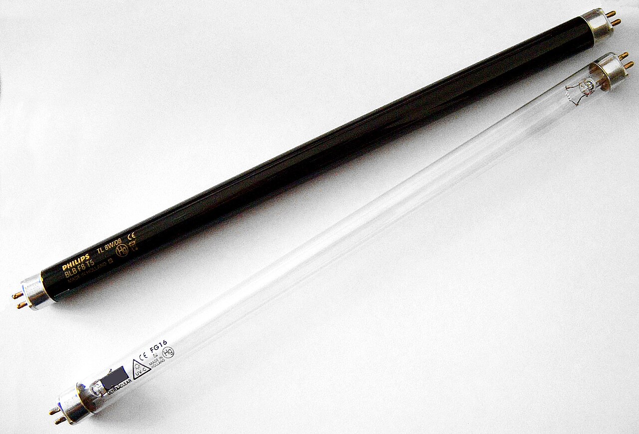 A UV-C fluorescent tube glowing beside a UV-A tube — the ultraviolet light used to sanitize HVAC systems